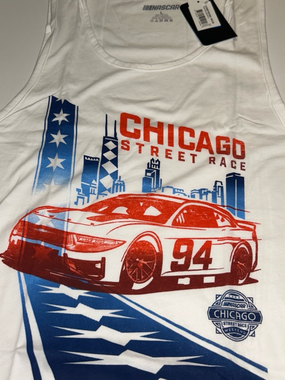 Nascar White Tank Top with Red and Blue Chicago Street Race Graphic